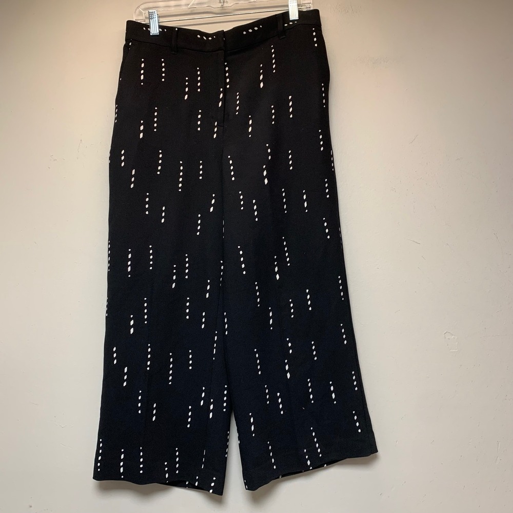 Ann Taylor Wide Leg Pants Women 10P Black Dash Print Excellent Cropped High Rise